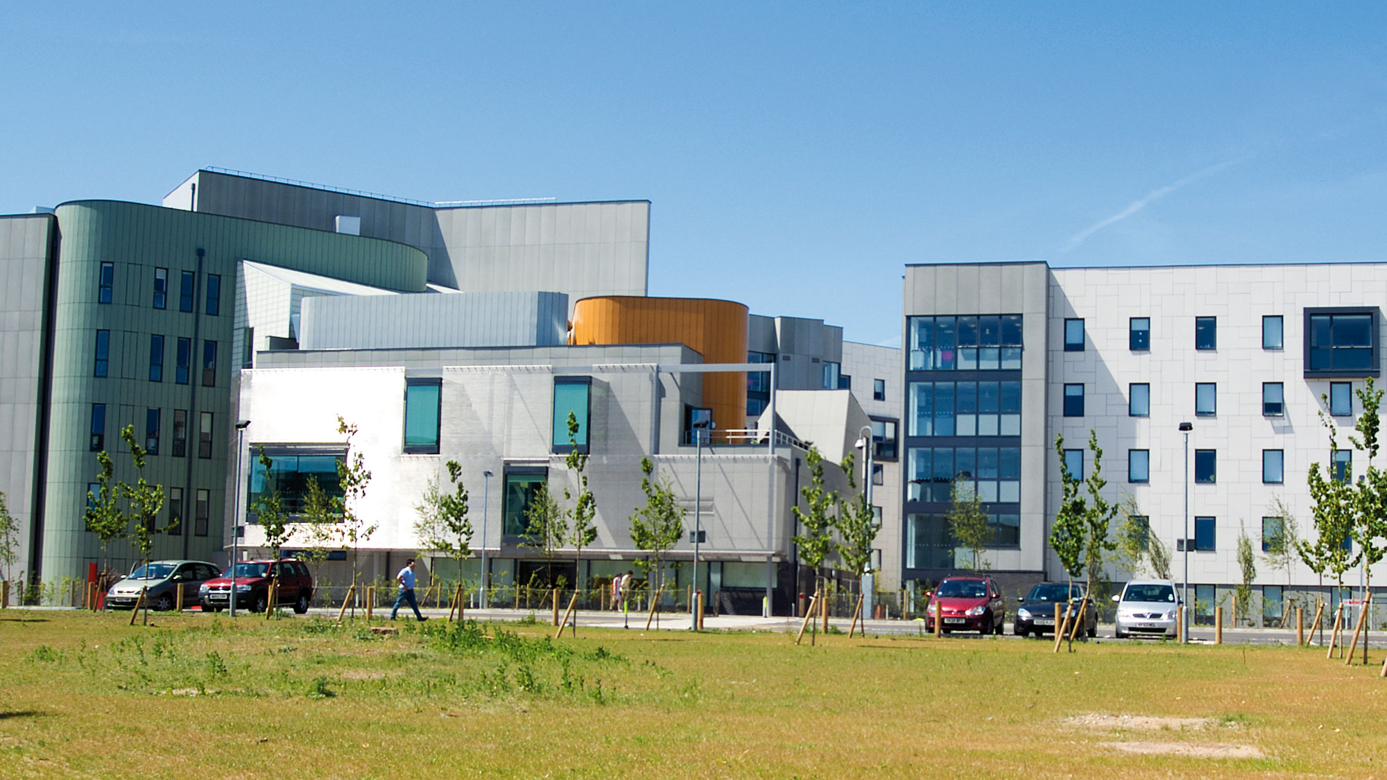 INTO University of East Anglia Centre building from a distance, with five stories.