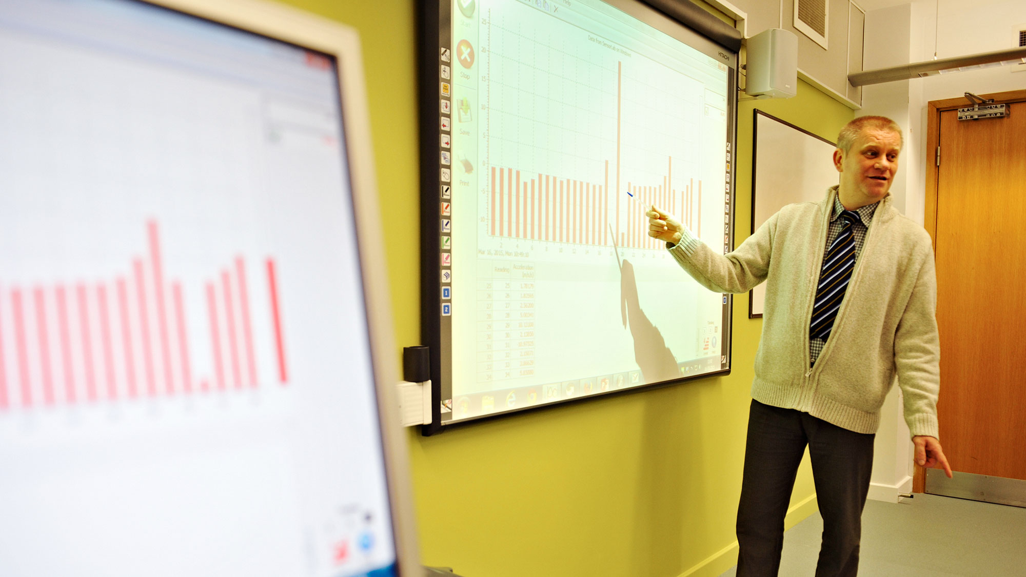 INTO University of East Anglia instructor stands in front of projector screen displaying bar charts and lectures to class in INTO UEA Centre. 
